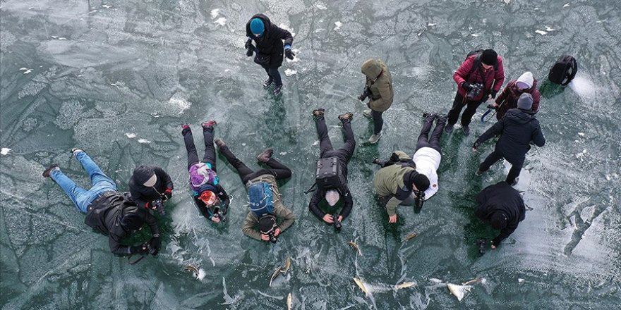 Yüzeyi buzla kaplı Balık Gölü fotoğraf tutkunlarını ağırlıyor