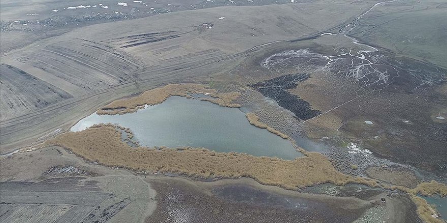 Kars'ta Lavaş Gölü'nün yüzeyindeki buzlar erimeye başladı