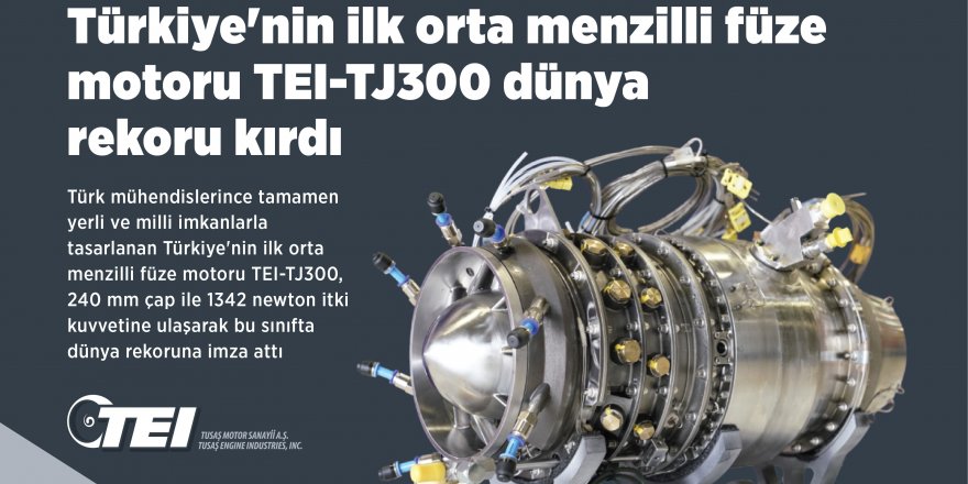 Türkiye'nin ilk orta menzilli füze motoru TEI-TJ300 dünya rekoru kırdı