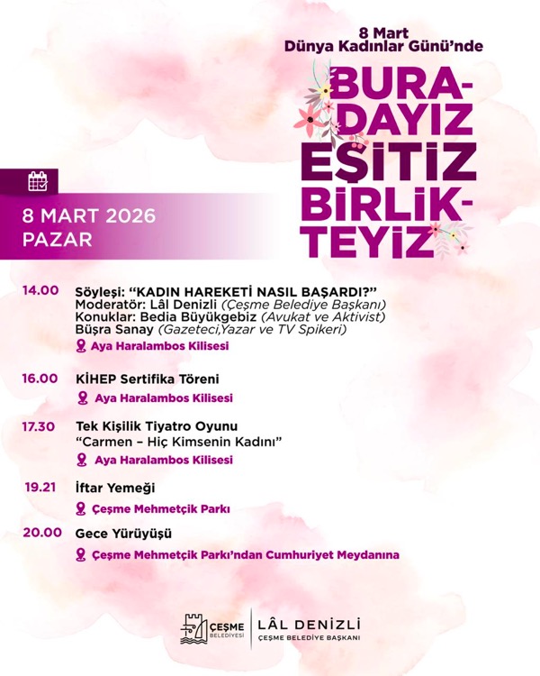 “Buradayız, eşitiz, birlikteyiz” temasıyla düzenlenen program; söyleşiler, sergiler, müzikli etkinlikler, tiyatro gösterimi ve gece yürüyüşü ile Çeşmelileri bir araya getirecek