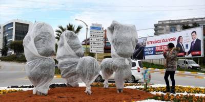 Kuşadası'nda belediye ağaçları elyaf ile soğuktan koruyor