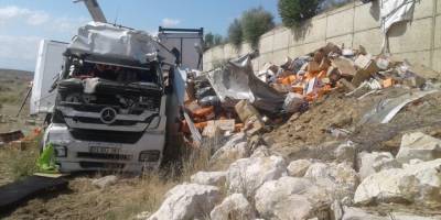 Afyonkarahisar'da şarampole devrilen kargo yüklü tırın sürücüsü öldü