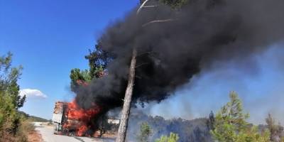 Muğla'da tomruk yüklü kamyon yandı